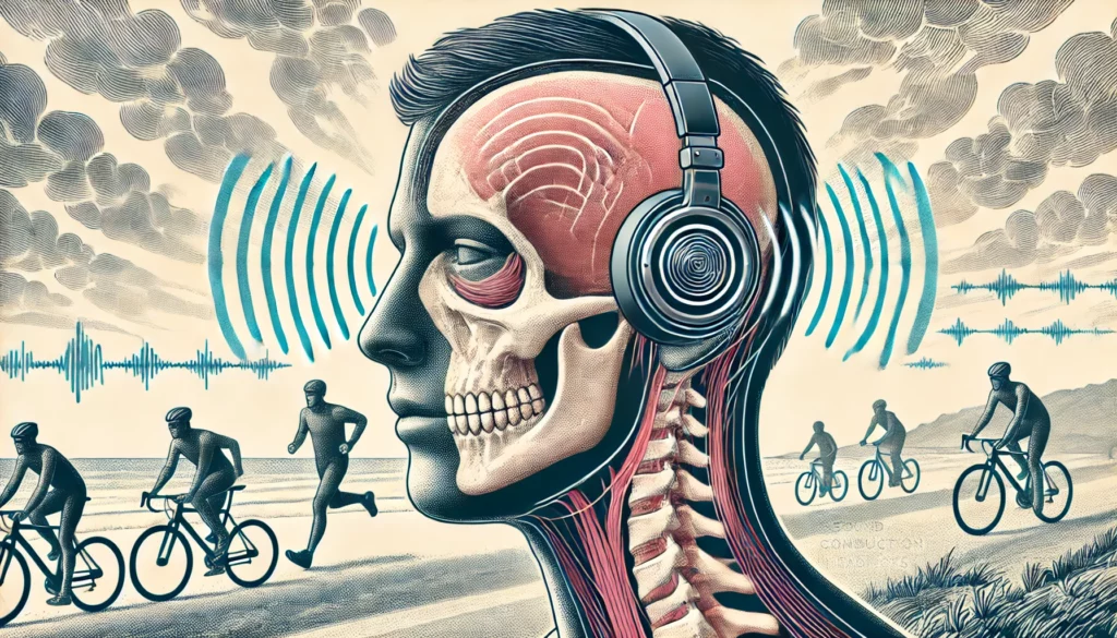 DALL·E 2025 03 07 10.23.32 An illustration showcasing the principle of bone conduction headphones. It should clearly demonstrate sound vibrations traveling through the cheekbone