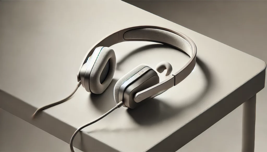 DALL·E 2025 03 07 10.25.15 A close up photo of a modern bone conduction headphone set placed on a clean minimalistic table. Clearly highlight the open ear design thin and ligh