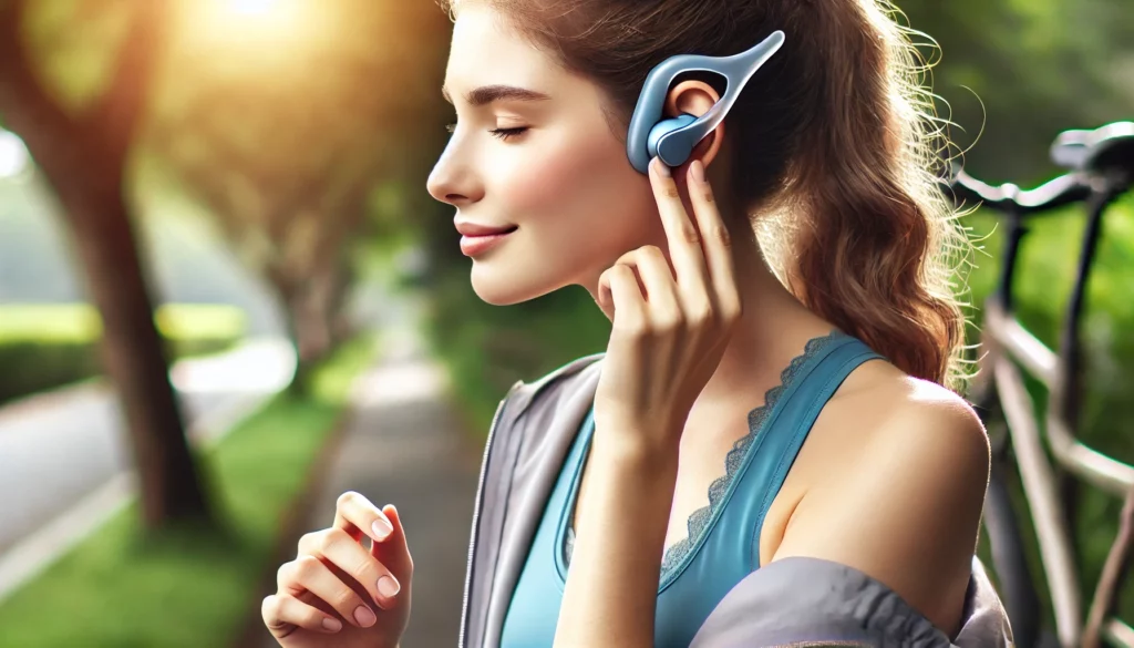 DALL·E 2025 03 07 10.25.16 An engaging image of a person using bone conduction headphones while jogging or cycling in an outdoor setting. Highlight their relaxed and safe demean