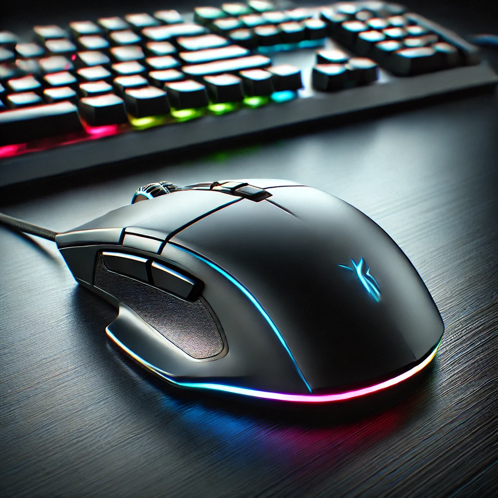 DALL·E 2025 03 07 17.39.42 A high quality image of a modern wired gaming mouse with RGB lighting ergonomic design and multiple programmable buttons. The mouse is placed on a s