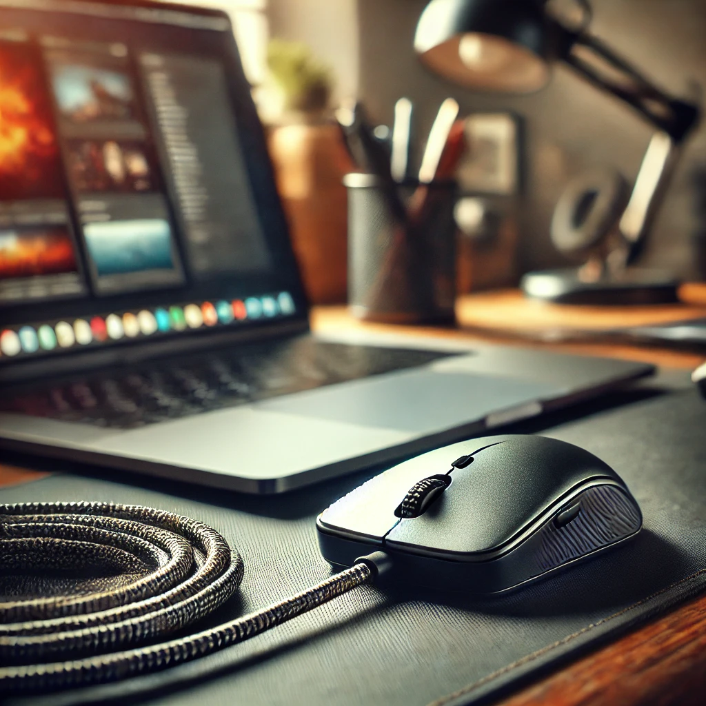 DALL·E 2025 03 07 17.39.53 A close up image of a wired mouses USB cable showcasing its braided durability and sturdy connection to a laptop. The background features a blurred