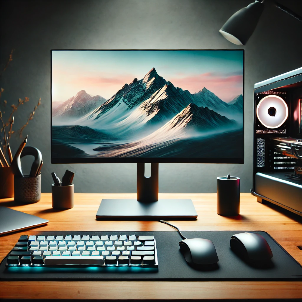 DALL·E 2025 03 07 17.39.54 A neatly organized computer setup featuring a high performance wired mouse on a clean desk. The setup includes a large monitor a mechanical keyboard