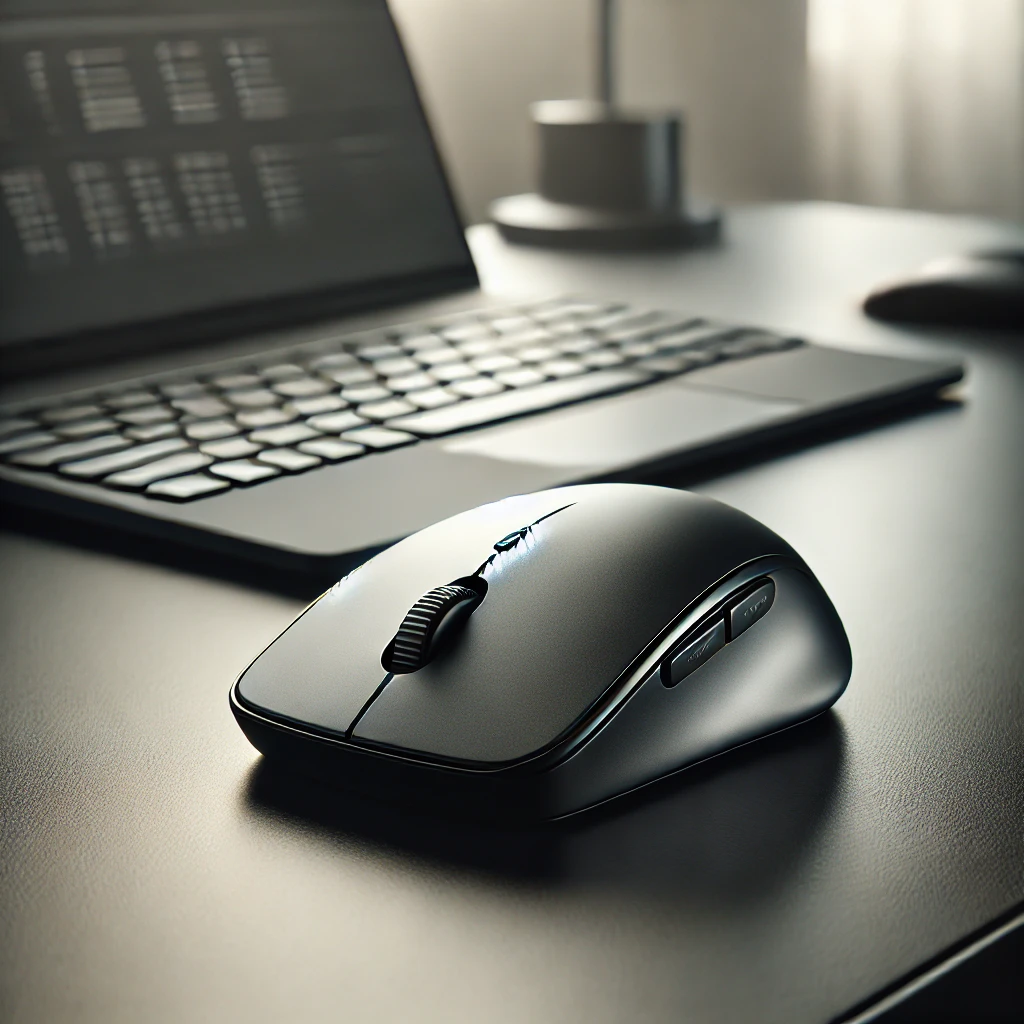 DALL·E 2025 03 11 16.16.14 A modern wireless computer mouse placed on a sleek desk setup. The mouse has an ergonomic design with a matte black finish and customizable buttons.