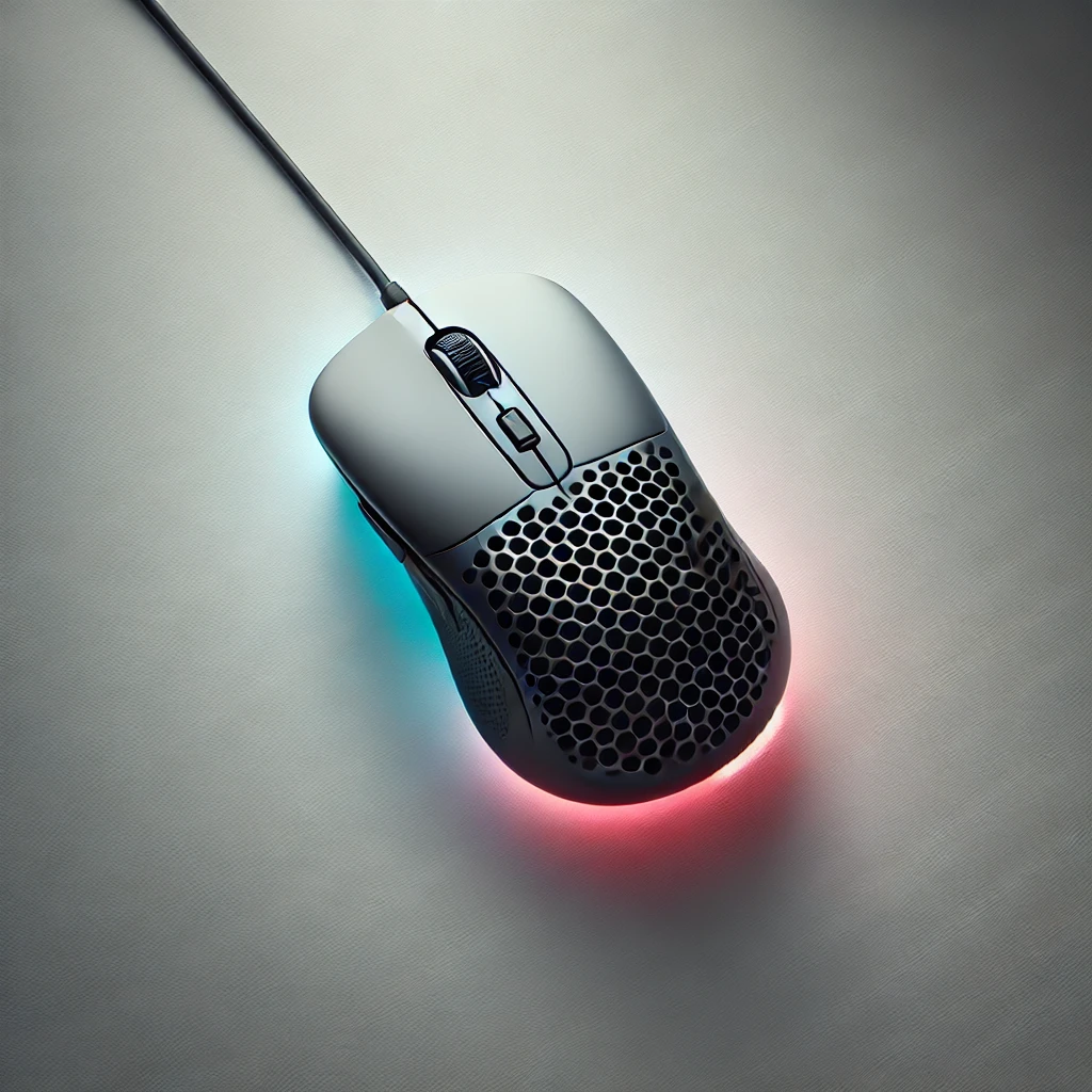 DALL·E 2025 03 11 16.16.16 A top down view of a stylish wireless mouse on a clean white desk. The mouse is ultra lightweight with a honeycomb shell design popular among gamers