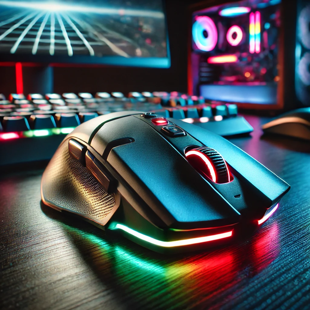 DALL·E 2025 03 11 16.16.18 A close up shot of a futuristic wireless gaming mouse with an ergonomic grip and vibrant RGB lighting. The mouse is placed on a high tech gaming setup