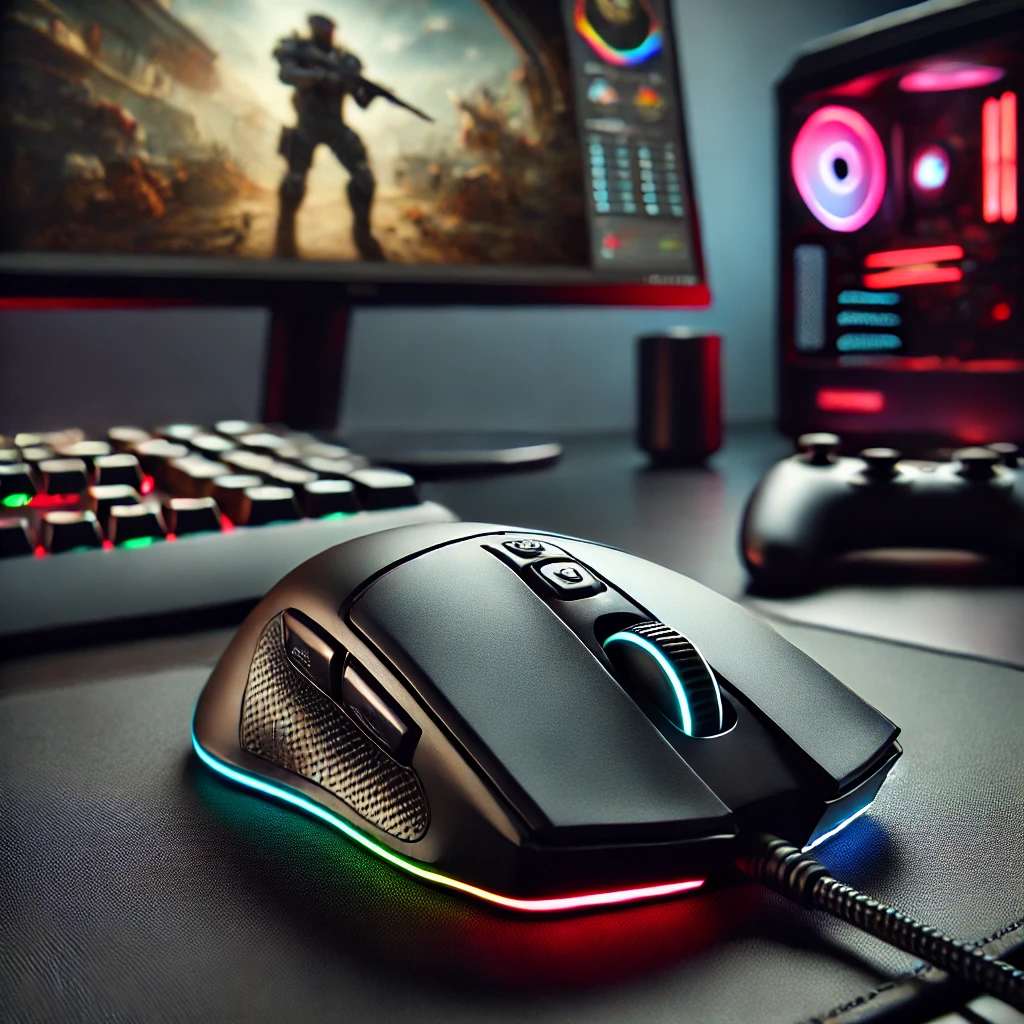 DALL·E 2025 03 11 16.34.36 A high quality image of a Logitech G502 gaming mouse on a sleek black desk setup with RGB lighting. The mouse is positioned in a way that showcases it