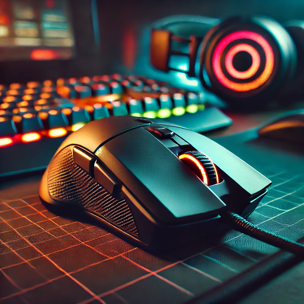 DALL·E 2025 03 11 16.34.37 A detailed image of a SteelSeries Rival 3 gaming mouse placed on a gaming desk with a dynamic RGB lighting effect. The mouse features an ergonomic des