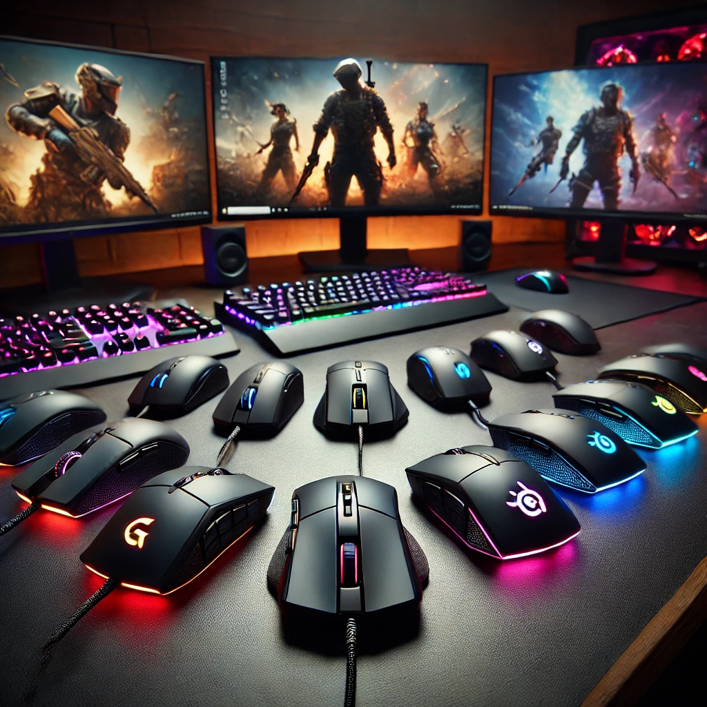 DALL·E 2025 03 11 16.34.39 A premium image showcasing a collection of top gaming mice from leading brands like Logitech Razer SteelSeries and Corsair. The mice are arranged n
