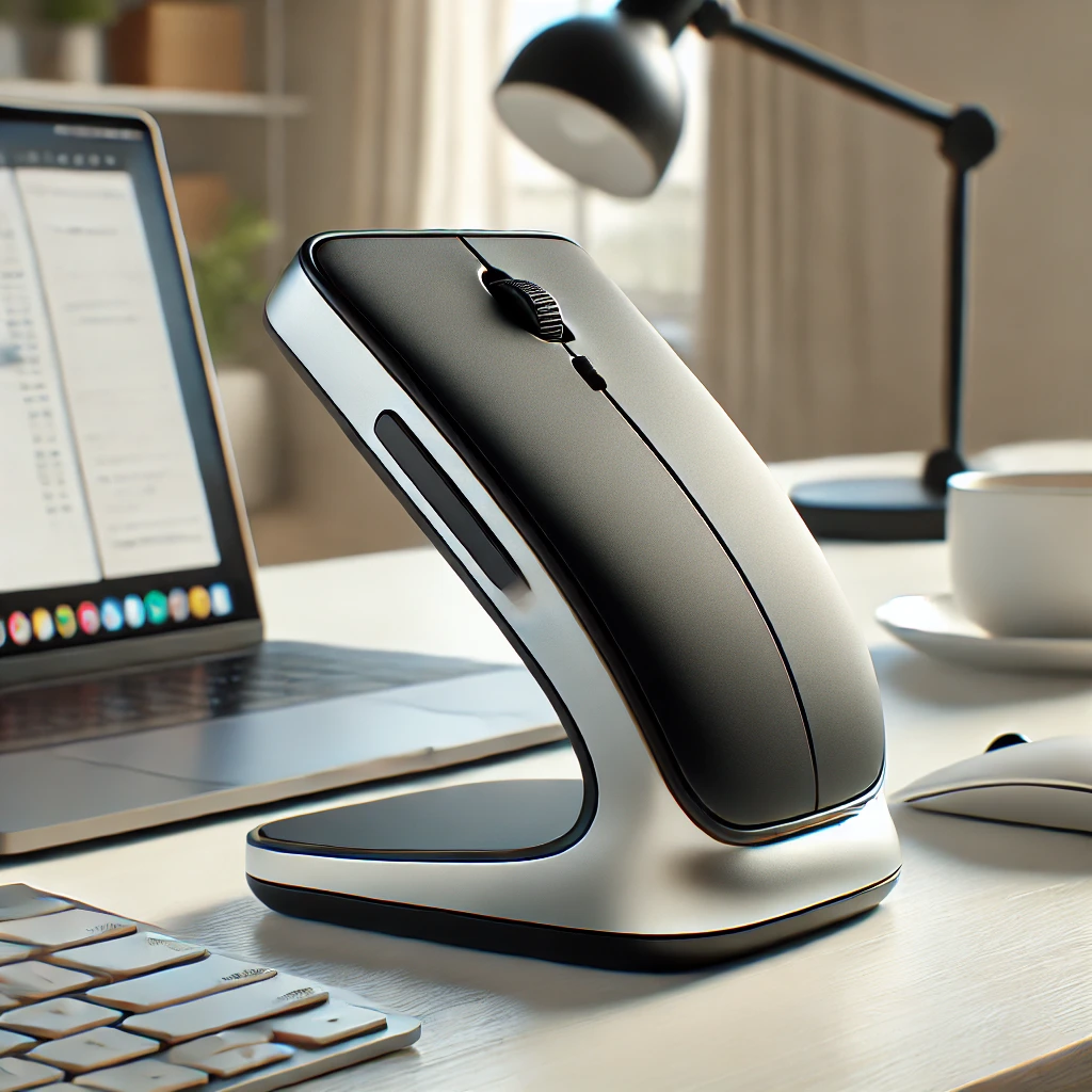 DALL·E 2025 03 11 17.07.43 A modern ergonomic vertical mouse designed for wrist comfort featuring a sleek black and silver finish. The mouse is placed on a clean white desk wi