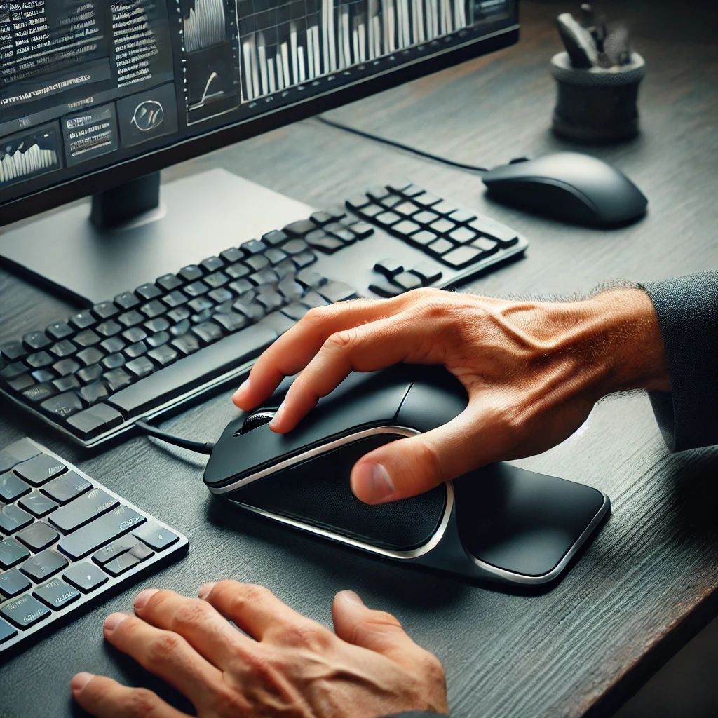 DALL·E 2025 03 11 17.07.45 A professional workspace with an ergonomic vertical mouse in use. A persons hand is gently gripping the mouse in a natural handshake position. The se