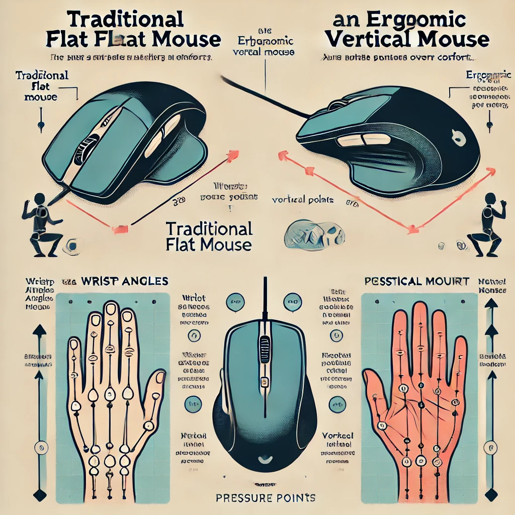 DALL·E 2025 03 11 17.07.46 An infographic style illustration comparing a traditional flat mouse and an ergonomic vertical mouse. The image highlights the differences in wrist an