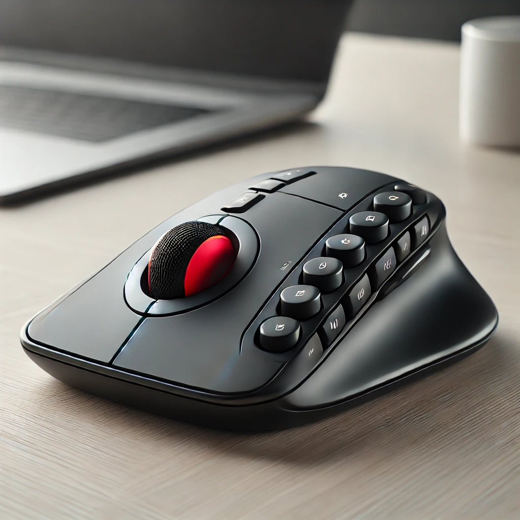 DALL·E 2025 03 11 17.30.46 A modern trackball mouse with an ergonomic design featuring a large red trackball on the left side and multiple programmable buttons. The mouse is wi