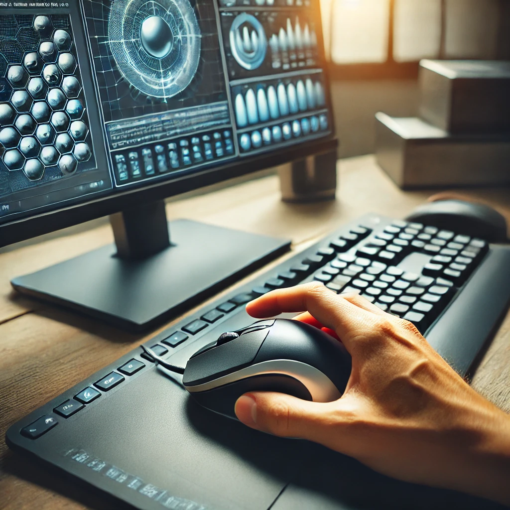 DALL·E 2025 03 11 17.30.47 A person using a trackball mouse at a professional workstation. The trackball mouse is positioned beside a keyboard and a widescreen monitor displayin