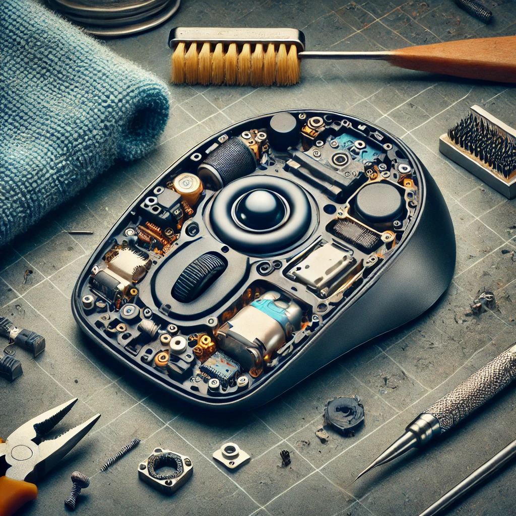 DALL·E 2025 03 11 17.30.49 A disassembled trackball mouse showing its internal components including the trackball sensor and mechanical parts. The image emphasizes the need f