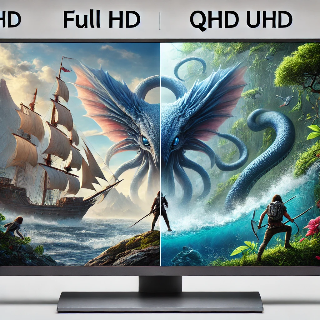 DALL·E 2025 03 12 15.15.24 A high resolution LCD monitor displaying a side by side comparison of Full HD QHD and 4K UHD resolutions showing differences in clarity and pixel d