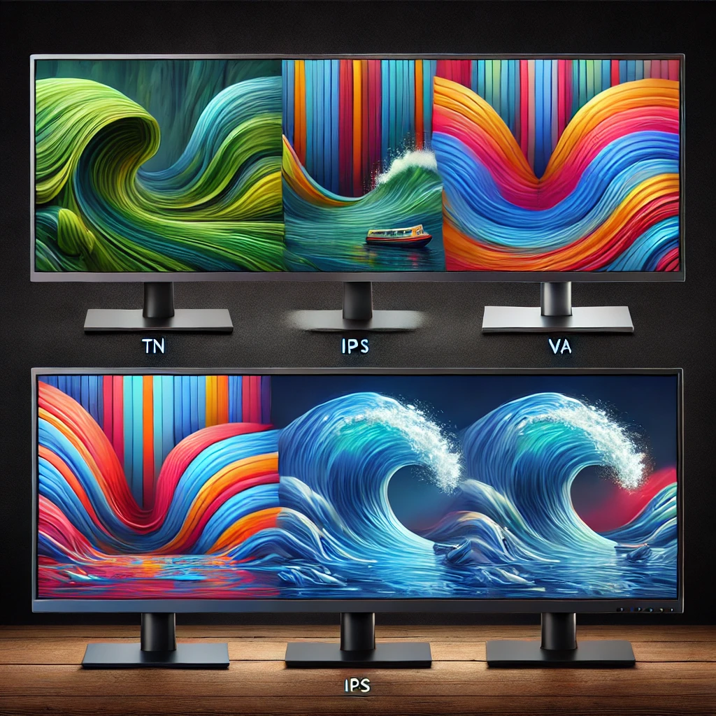DALL·E 2025 03 12 15.15.25 A visual representation of different LCD monitor panel types TN IPS and VA showcasing their differences in color accuracy viewing angles and res