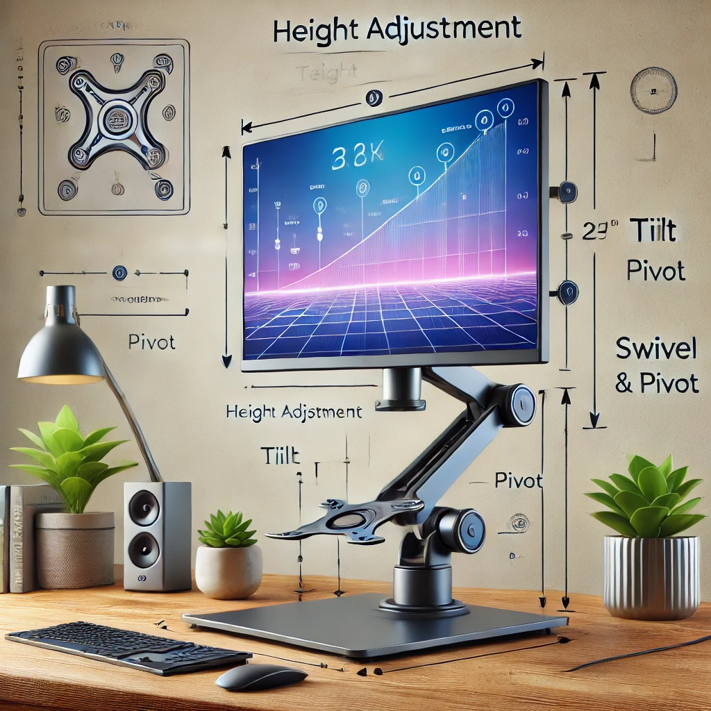 DALL·E 2025 03 12 15.15.27 An ergonomic LCD monitor setup with adjustable stand showcasing features like height adjustment tilt swivel and pivot for a comfortable workspace
