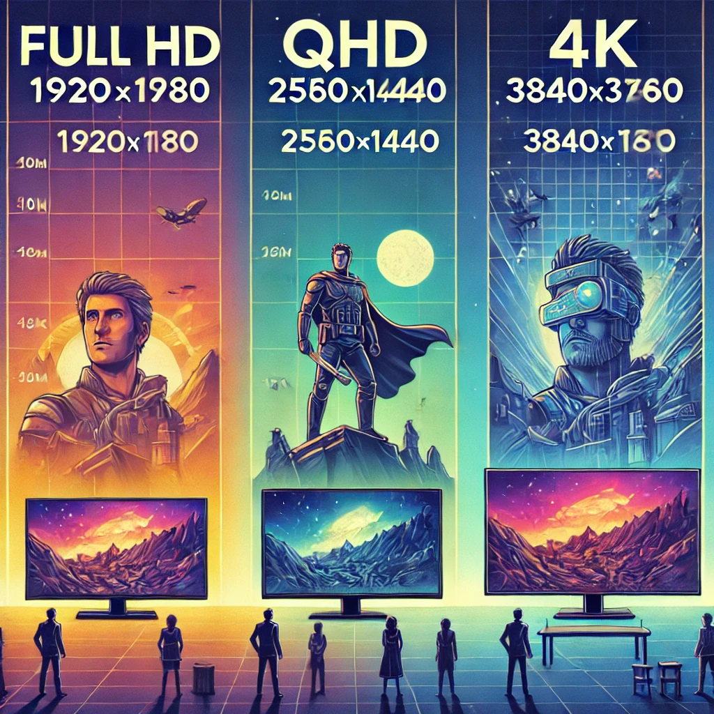 DALL·E 2025 03 12 16.06.47 A comparison chart illustrating different monitor resolutions including Full HD 1920x1080 QHD 2560x1440 and 4K UHD 3840x2160 showing pixel de