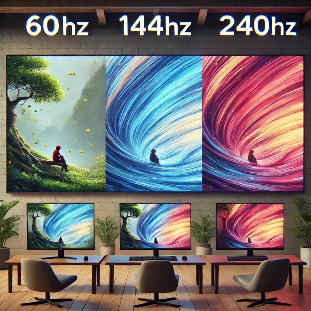 DALL·E 2025 03 12 16.06.51 A visual representation of monitor refresh rates including 60Hz 144Hz and 240Hz showing the difference in motion smoothness with sample images
