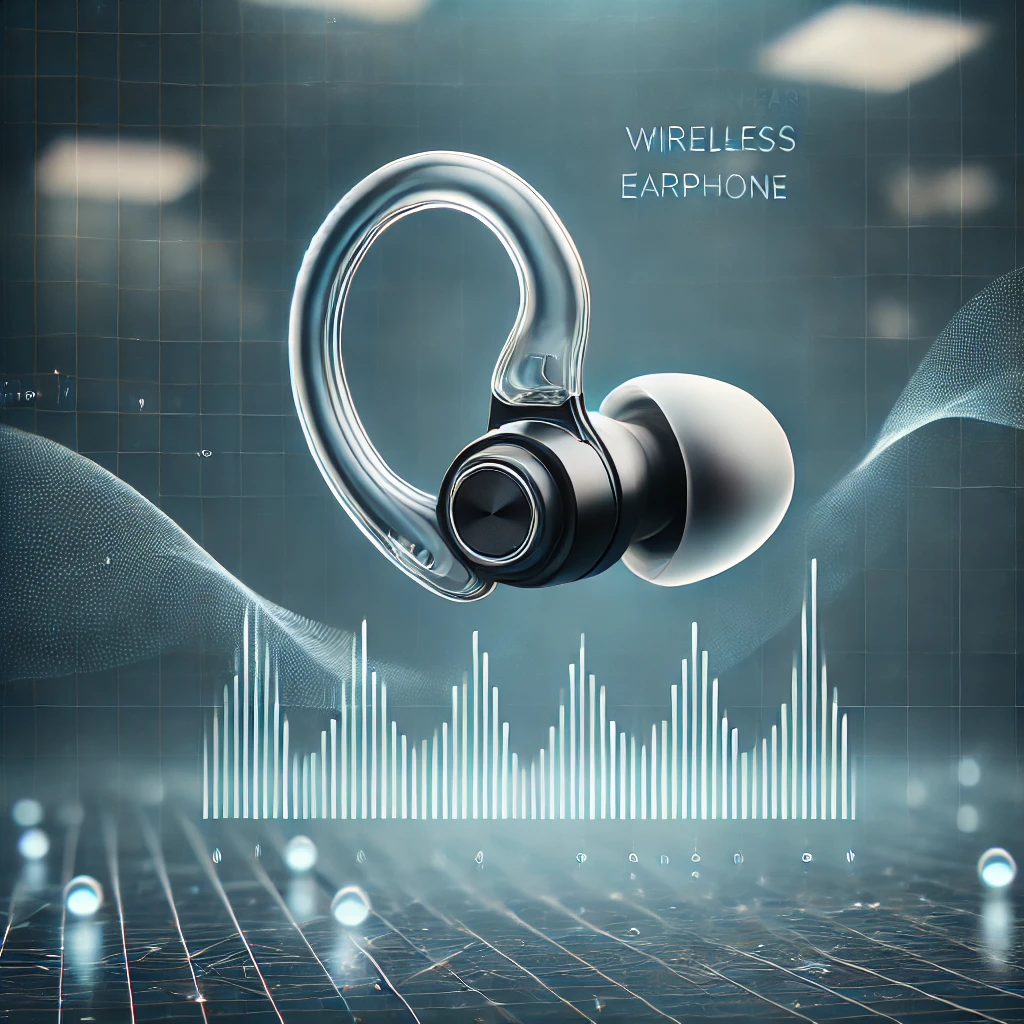 DALL·E 2025 03 19 10.34.52 A modern open ear wireless earphone showing a sleek and ergonomic design with a semi transparent overlay illustrating sound waves passing through th