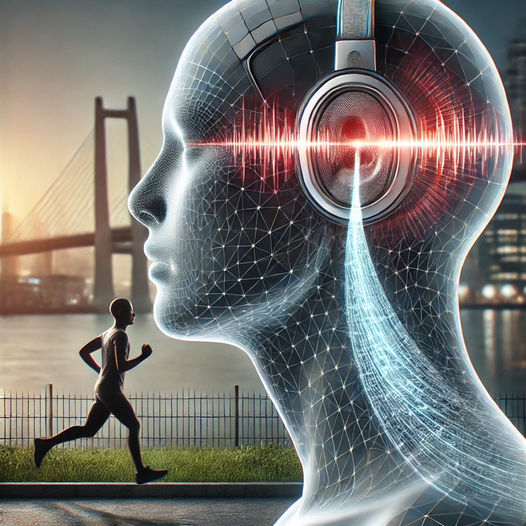 DALL·E 2025 03 19 10.34.54 A futuristic concept of bone conduction open ear headphones with a visual representation of vibrations traveling through the cheekbone to the ear. Th