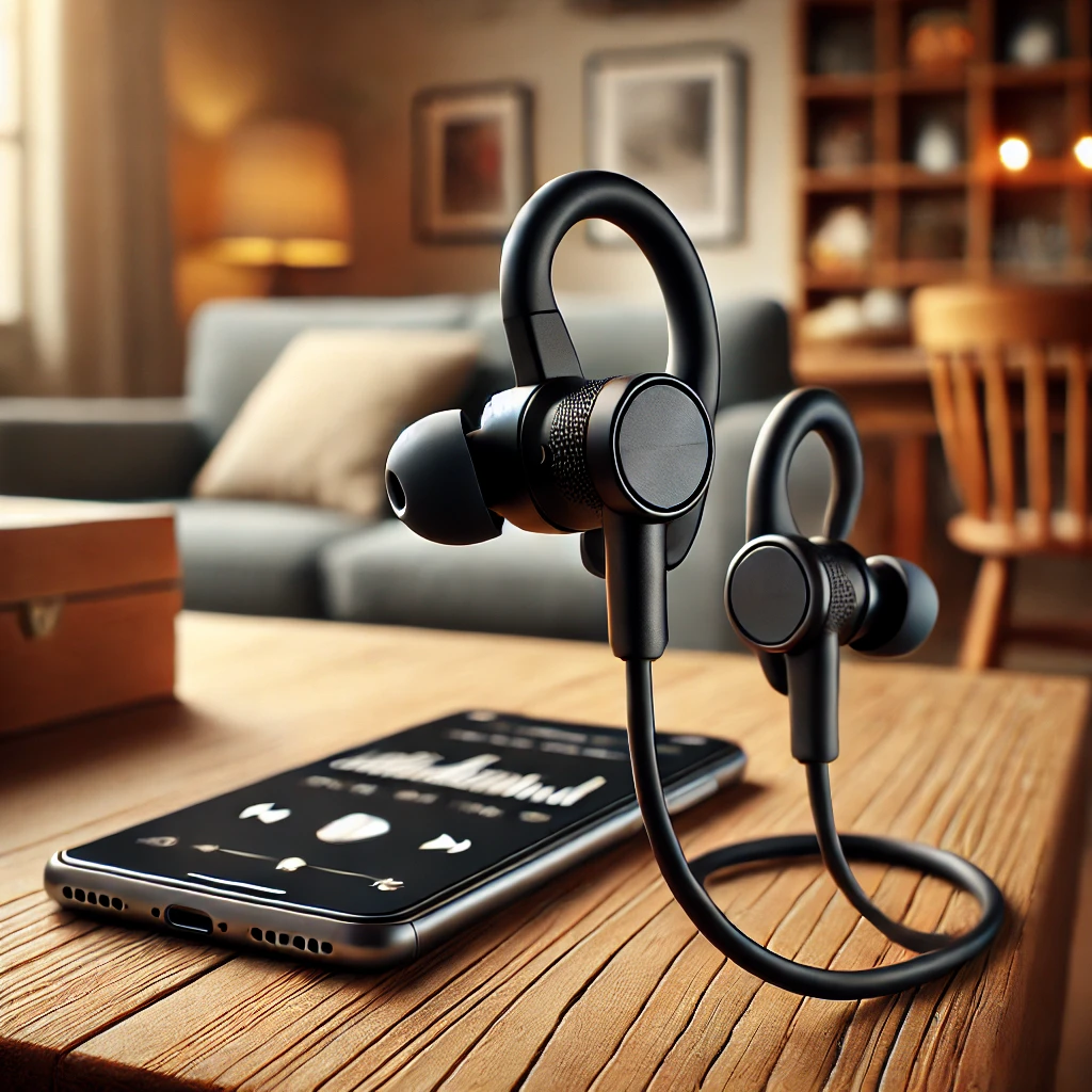 DALL·E 2025 03 19 10.34.55 A stylish and lightweight air conduction open ear earphone placed on a wooden table with a smartphone displaying a music app nearby. The scene is well