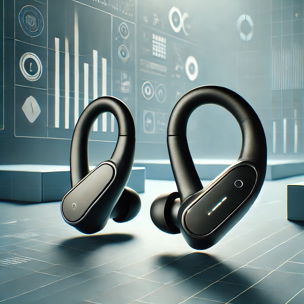 DALL·E 2025 03 19 10.35.29 A pair of modern open ear wireless earbuds with a sleek futuristic design. The earbuds have an ergonomic shape that sits comfortably on the outer ear