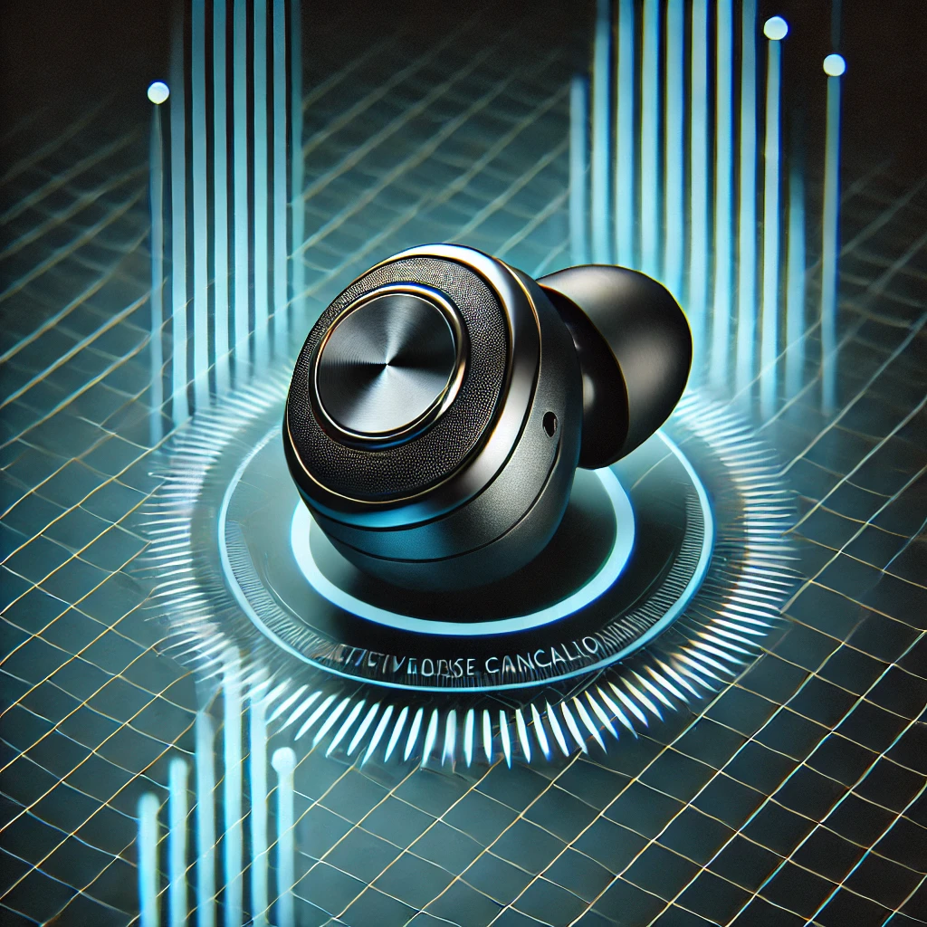 DALL·E 2025 03 19 11.08.44 A modern noise canceling wireless earbud with a sleek design placed on a futuristic soundwave background symbolizing active noise cancellation techn