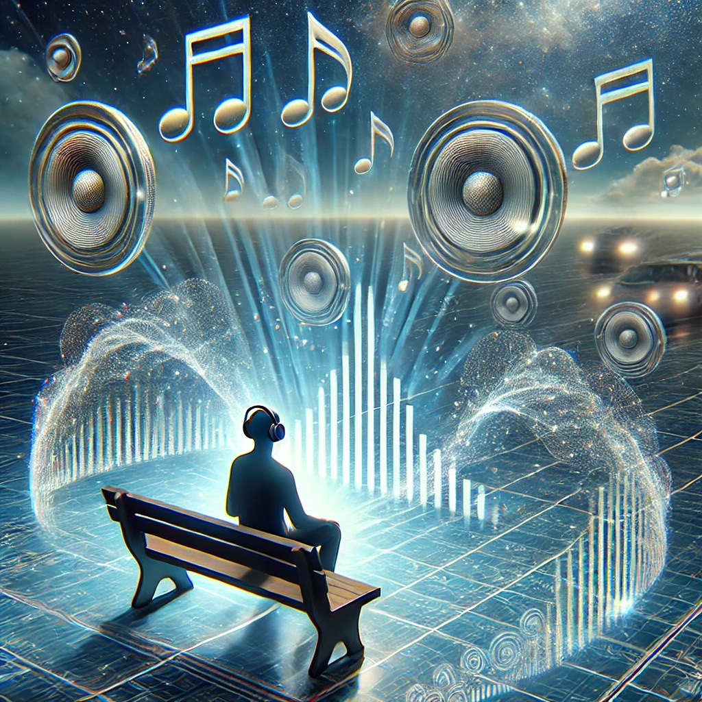 DALL·E 2025 03 19 11.08.46 A futuristic depiction of active noise canceling technology in action showing sound waves being neutralized by an invisible barrier with a person en