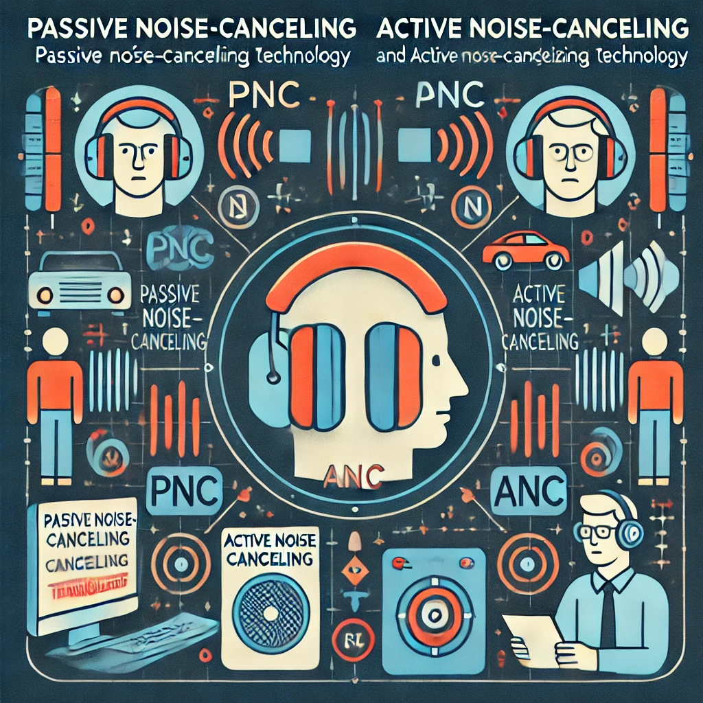 DALL·E 2025 03 19 11.08.48 An infographic style illustration comparing passive noise canceling PNC and active noise canceling ANC technology showing how each method blocks