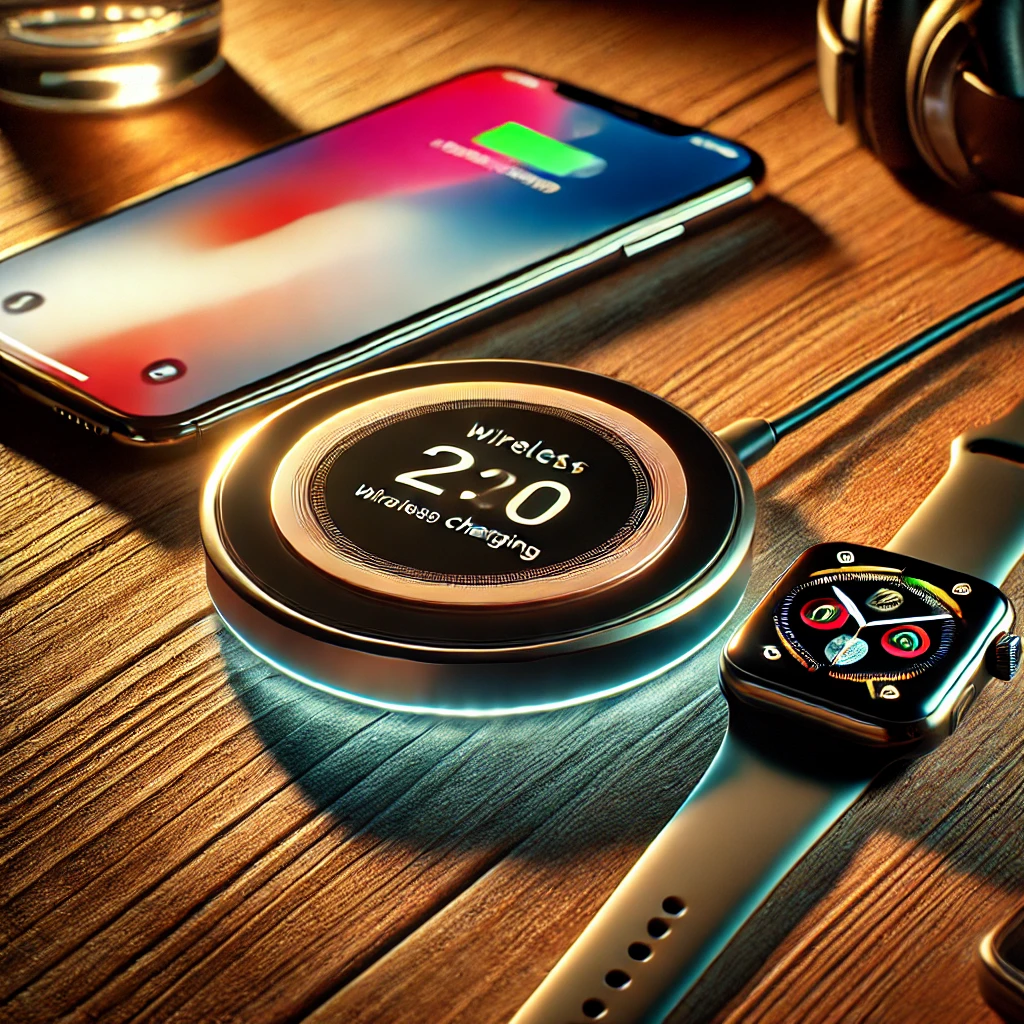 DALL·E 2025 03 19 13.08.05 A futuristic wireless charging pad placed on a wooden table charging a smartphone and a smartwatch at the same time. The pad has an LED indicator sho 1