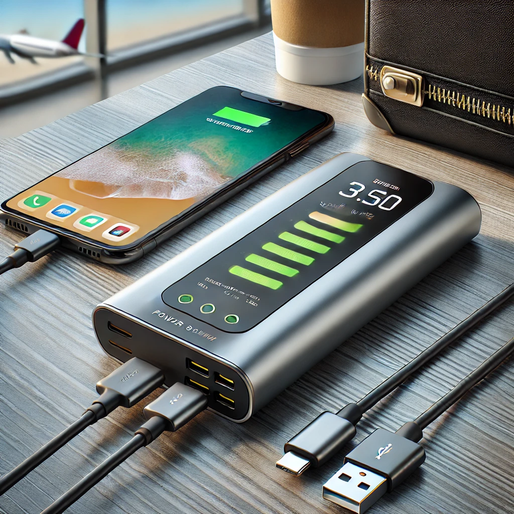 DALL·E 2025 03 19 13.08.07 A portable high speed charging power bank with a digital battery indicator connected to a smartphone and a tablet via USB C cables. The power bank ha 1