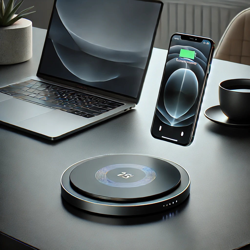 DALL·E 2025 03 19 16.38.21 A modern wireless charger placed on a sleek office desk. The charger is a flat circular pad with a smartphone resting on it displaying a charging an