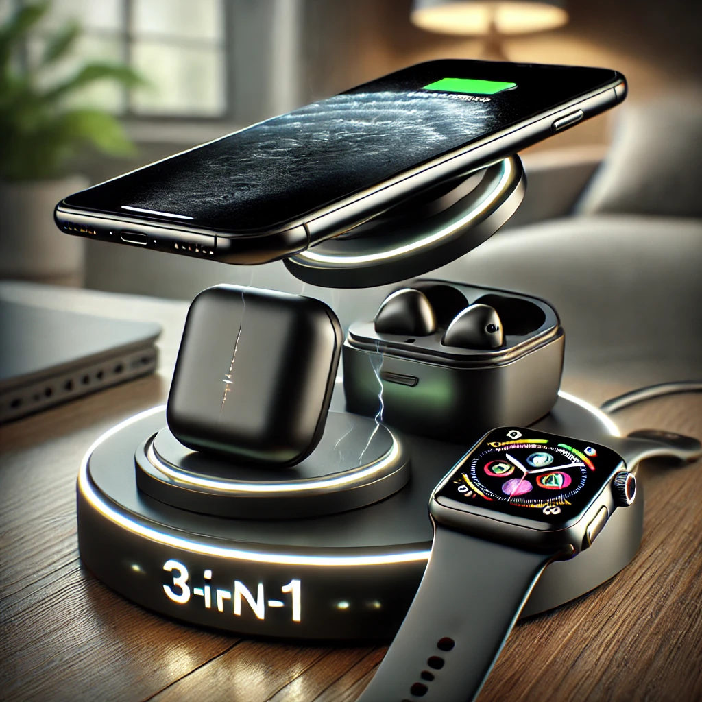 DALL·E 2025 03 19 16.38.21 A stylish 3 in 1 wireless charging station charging a smartphone a smartwatch and wireless earbuds. The charger is black with a futuristic design an