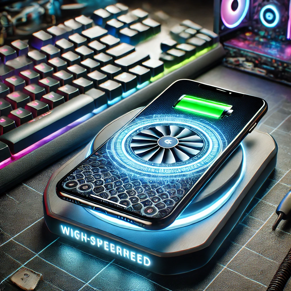 DALL·E 2025 03 19 16.38.23 A futuristic high speed wireless charging pad with a cooling fan placed on a gaming desk. The charger is charging a smartphone with a holographic bat