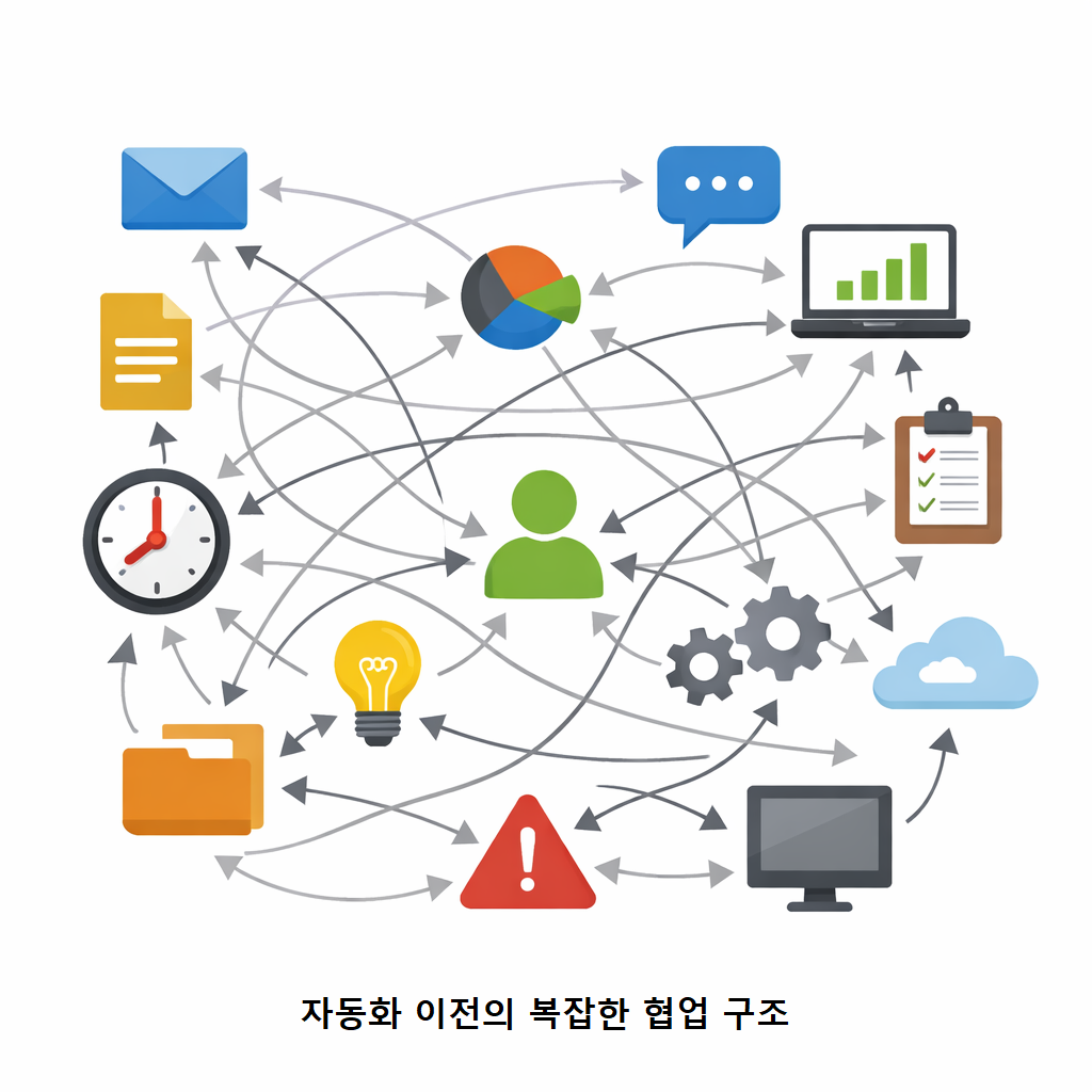 자동화 이전의 복잡한 협업 구조 1