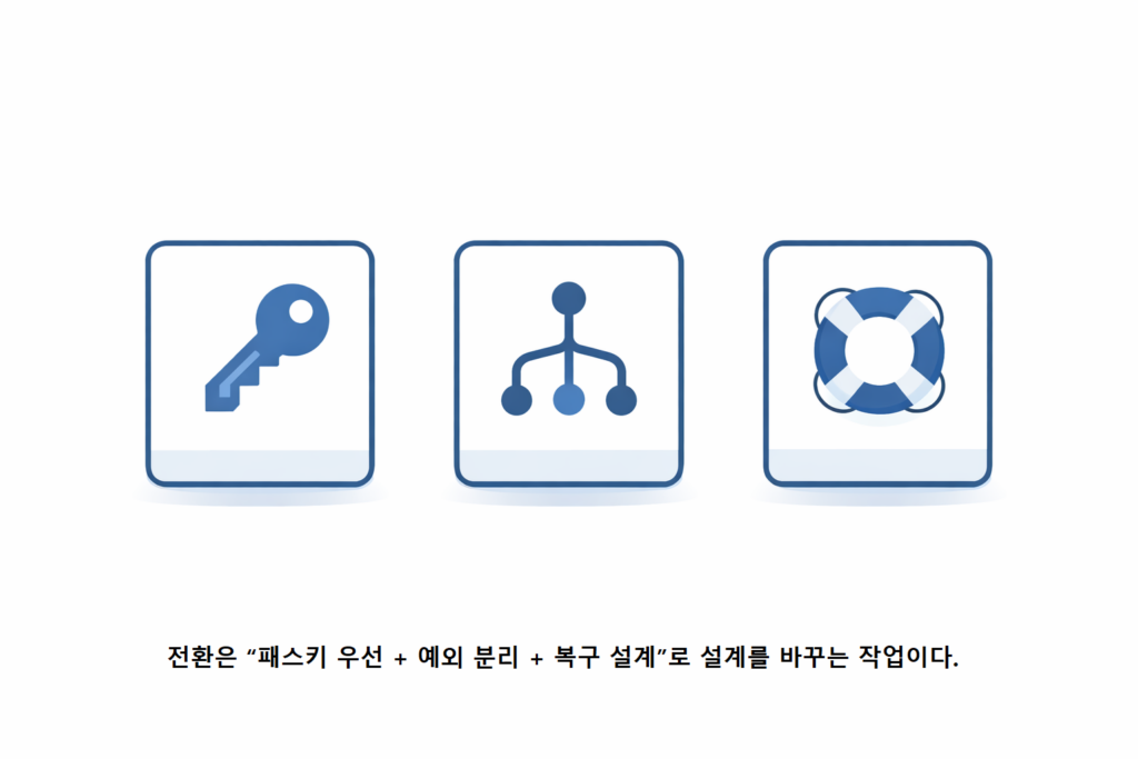 전환은 패스키 우선 예외 분리 복구 설계로 설계를 바꾸는 작업이다