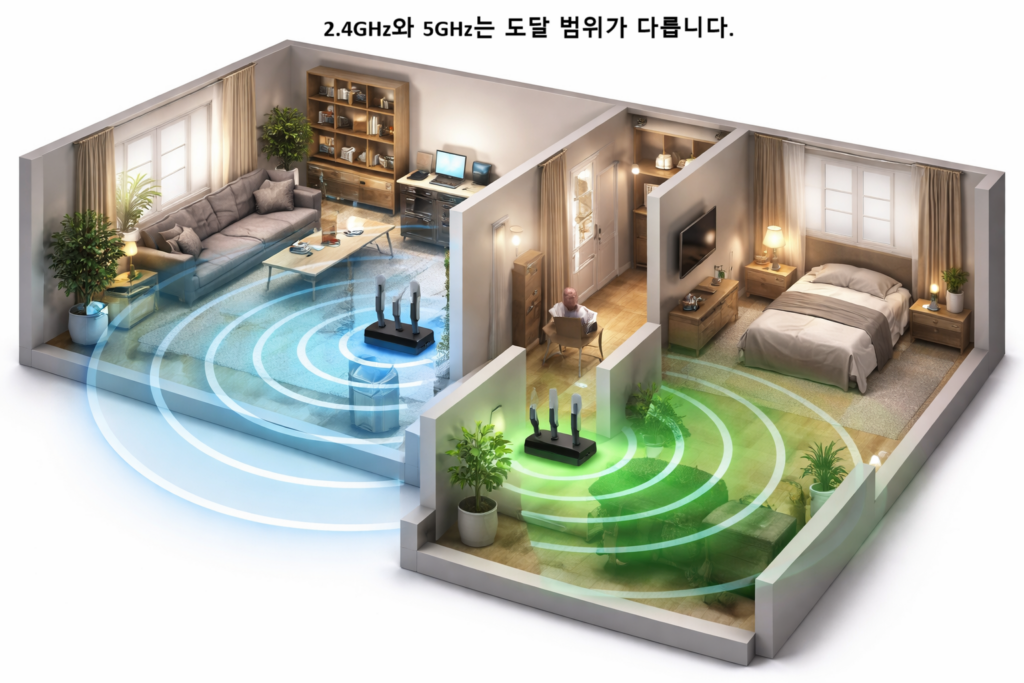2.4GHz와 5GHz는 도달 범위가 다릅니다
