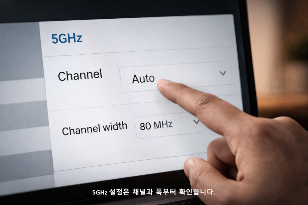 5GHz 설정은 채널과 폭부터 확인합니다