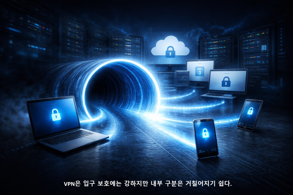 VPN은 입구 보호에는 강하지만 내부 구분은 거칠어지기 쉽다