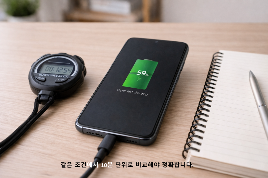 같은 조건에서 10분 단위로 비교해야 정확합니다