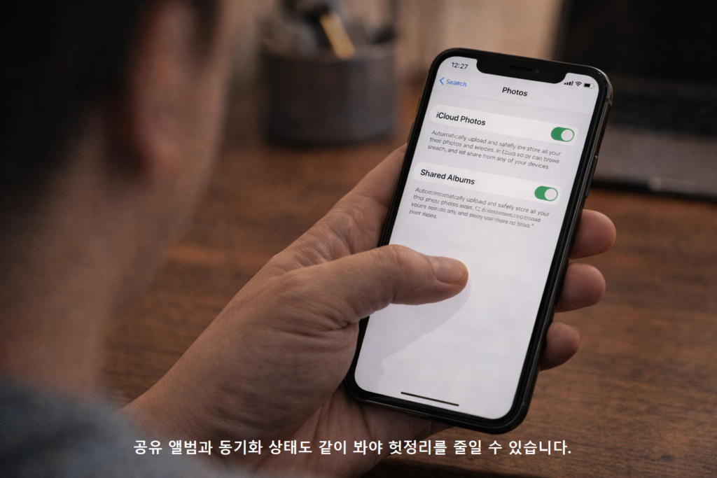 공유 앨범과 동기화 상태도 같이 봐야 헛정리를 줄일 수 있습니다