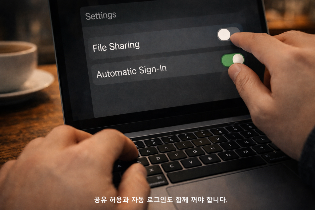 공유 허용과 자동 로그인도 함께 꺼야 합니다