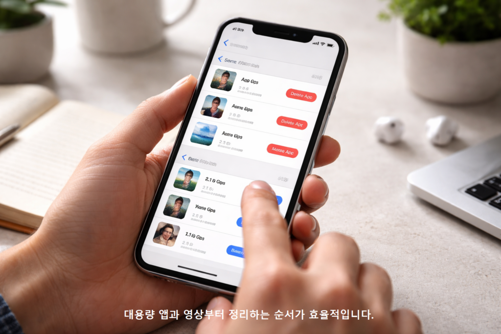 대용량 앱과 영상부터 정리하는 순서가 효율적입니다