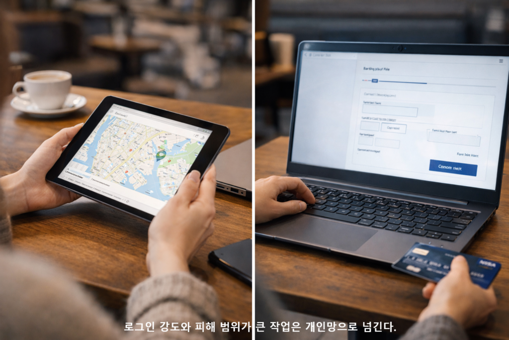 로그인 강도와 피해 범위가 큰 작업은 개인망으로 넘긴다