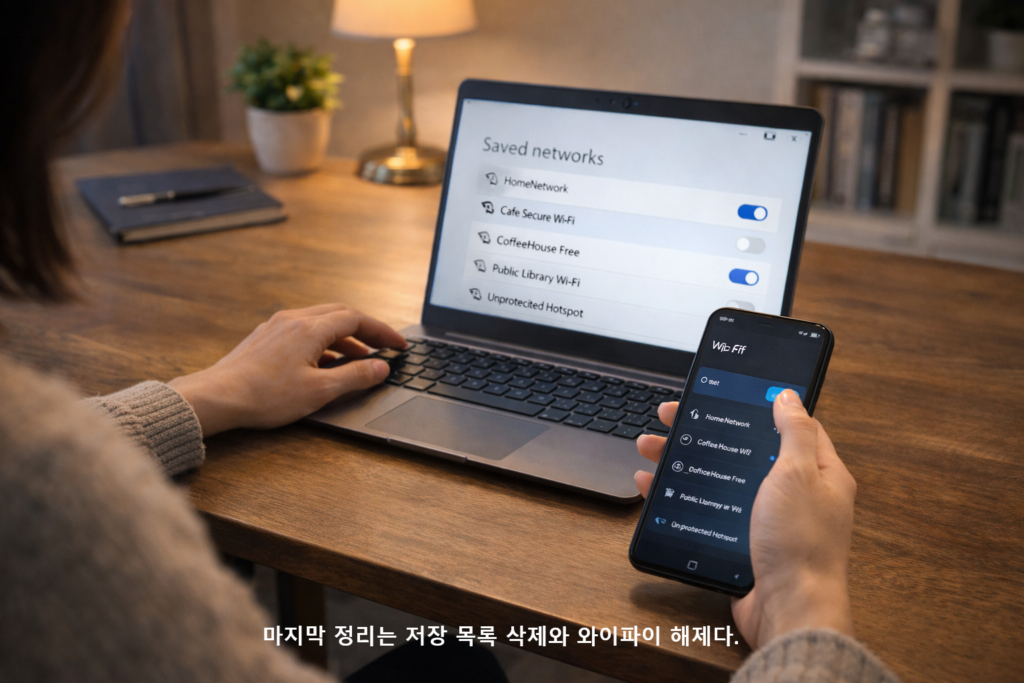 마지막 정리는 저장 목록 삭제와 와이파이 해제다