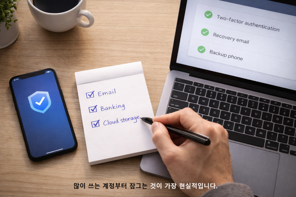많이 쓰는 계정부터 잠그는 것이 가장 현실적입니다