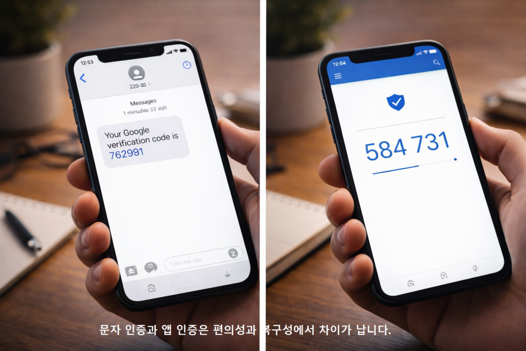 문자 인증과 앱 인증은 편의성과 복구성에서 차이가 납니다