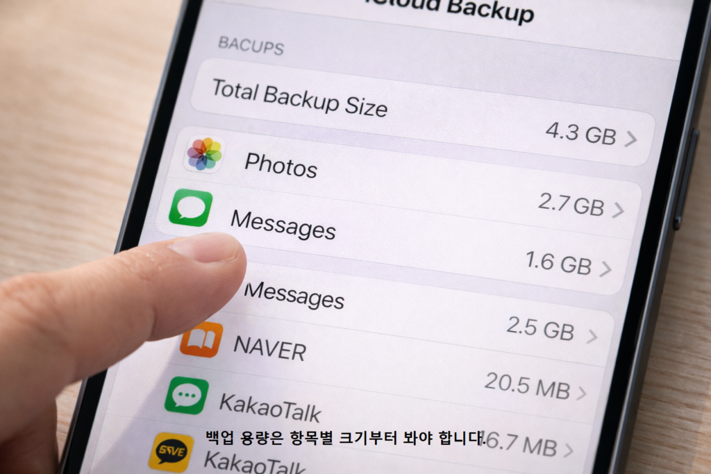 백업 용량은 항목별 크기부터 봐야 합니다