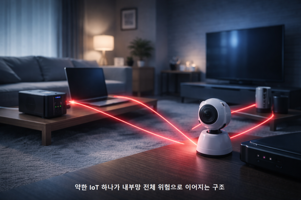 약한 IoT 하나가 내부망 전체 위험으로 이어지는 구조
